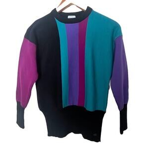 Vintage Bogner Women Small Black Teal Magenta Color Block Wool Crew Neck Sweater